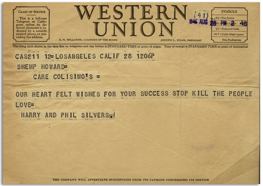 Telegram to Shemp Howard From August 1948 From the Comedic Brothers Harry & Phil Silvers -- ''Our Heart Felt Wishes for Your Success STOP Kill the People'' -- Very Good Condition